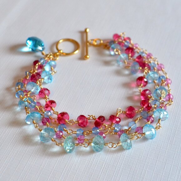 Blue and Hot Pink Gemstone Bracelet in Gold - Picture 1 of 8